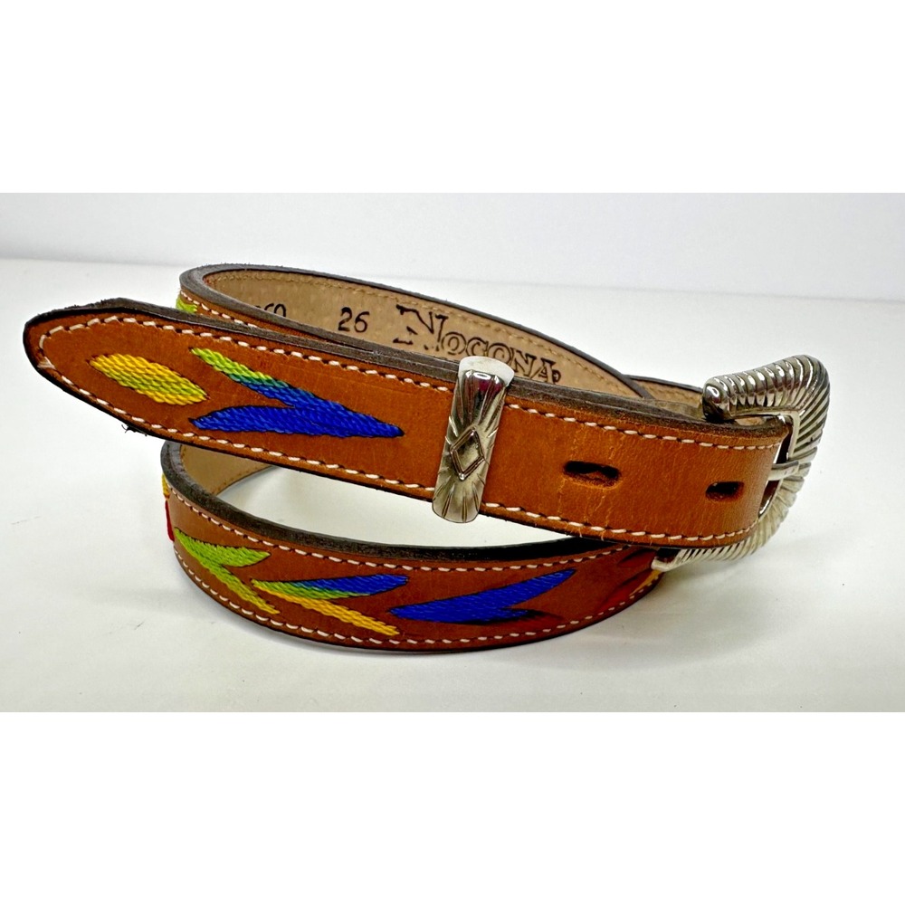 Vtg Nocona Belt Brown Leather Multicolor Bird Feather Silver Tone Buckle Sz 26